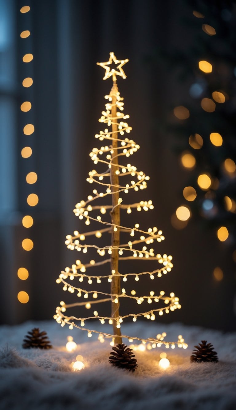 A Christmas tree shape made from glowing fairy lights with small ornaments at the base against a dark background.