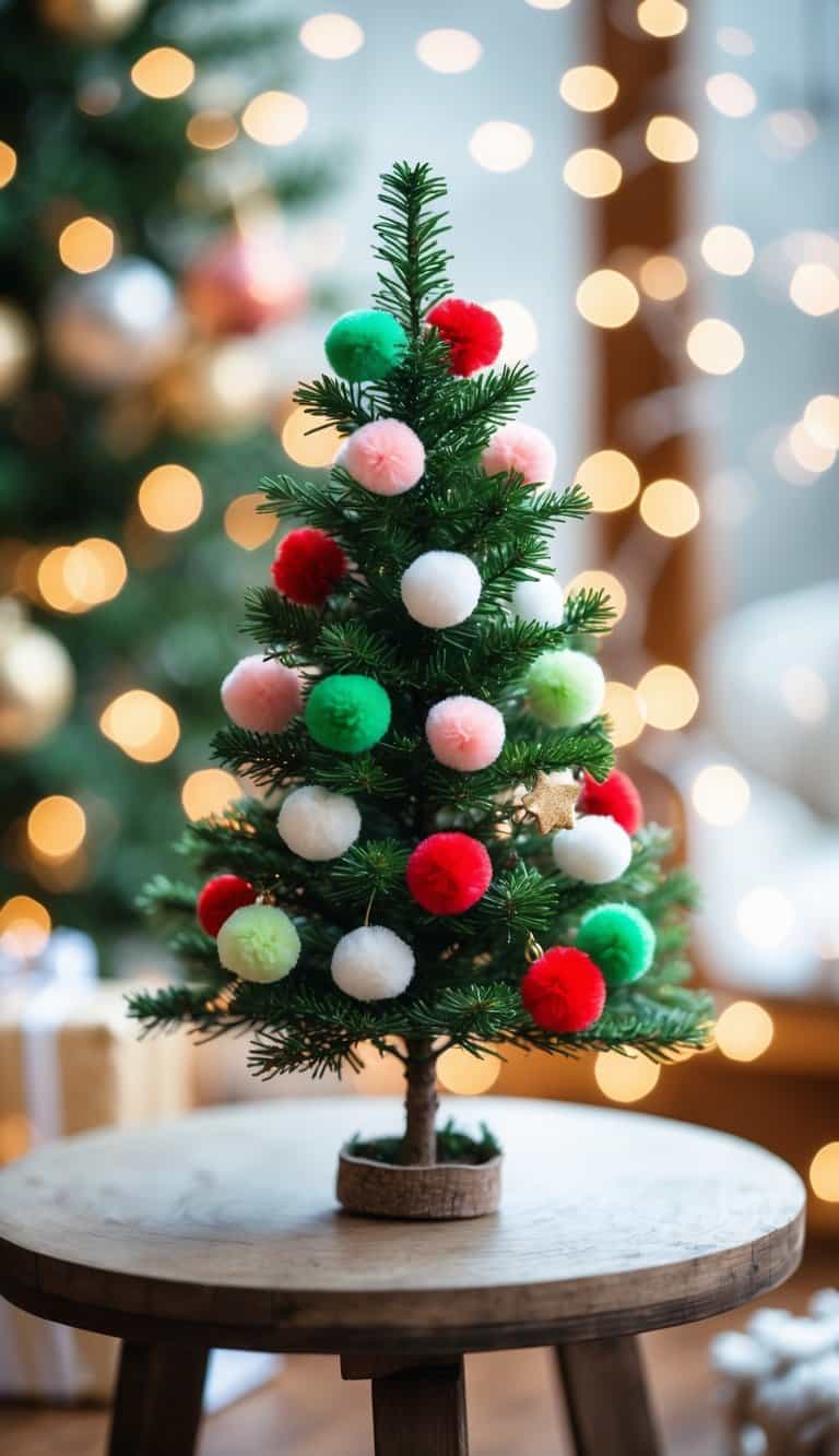 A small green Christmas tree decorated with colorful pom-poms on a wooden table with soft holiday lights in the background.