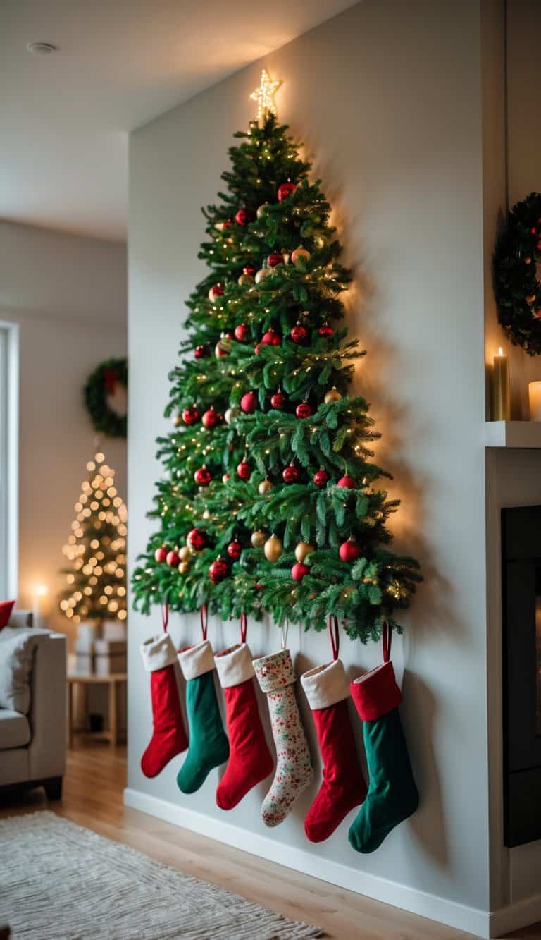 A living room wall decorated with a Christmas tree made of pine garlands and colorful stockings hanging below it.