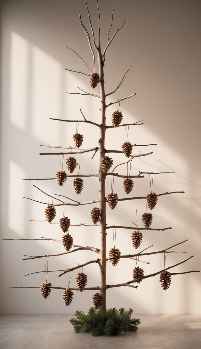 A minimalist Christmas tree made of hanging twigs and pinecones arranged vertically against a plain background.