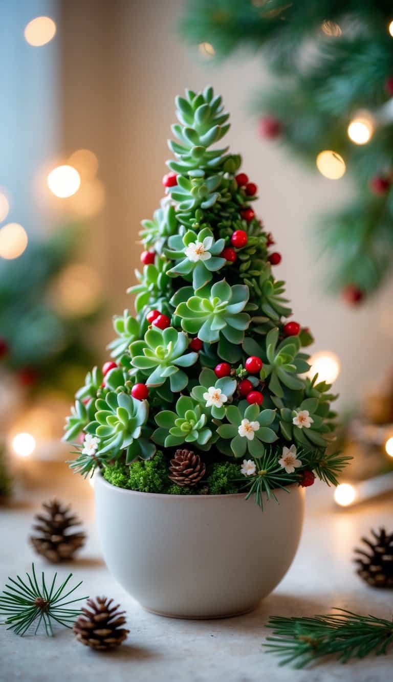 A small succulent shaped like a Christmas tree in a ceramic pot, decorated with tiny red berries and pinecones, surrounded by soft holiday lights.