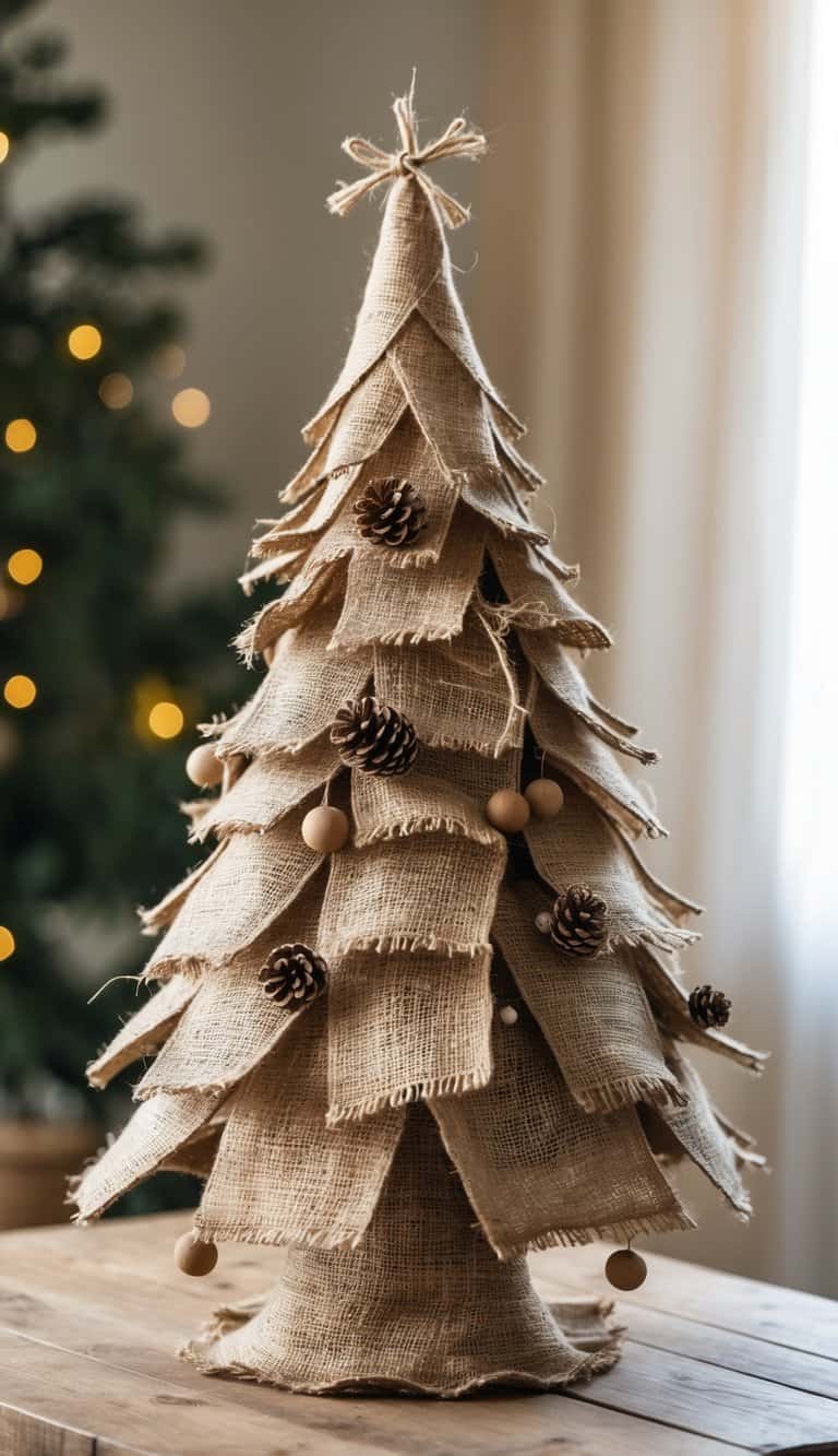 A Christmas tree made from layered burlap fabric decorated with pine cones and wooden ornaments on a wooden surface.