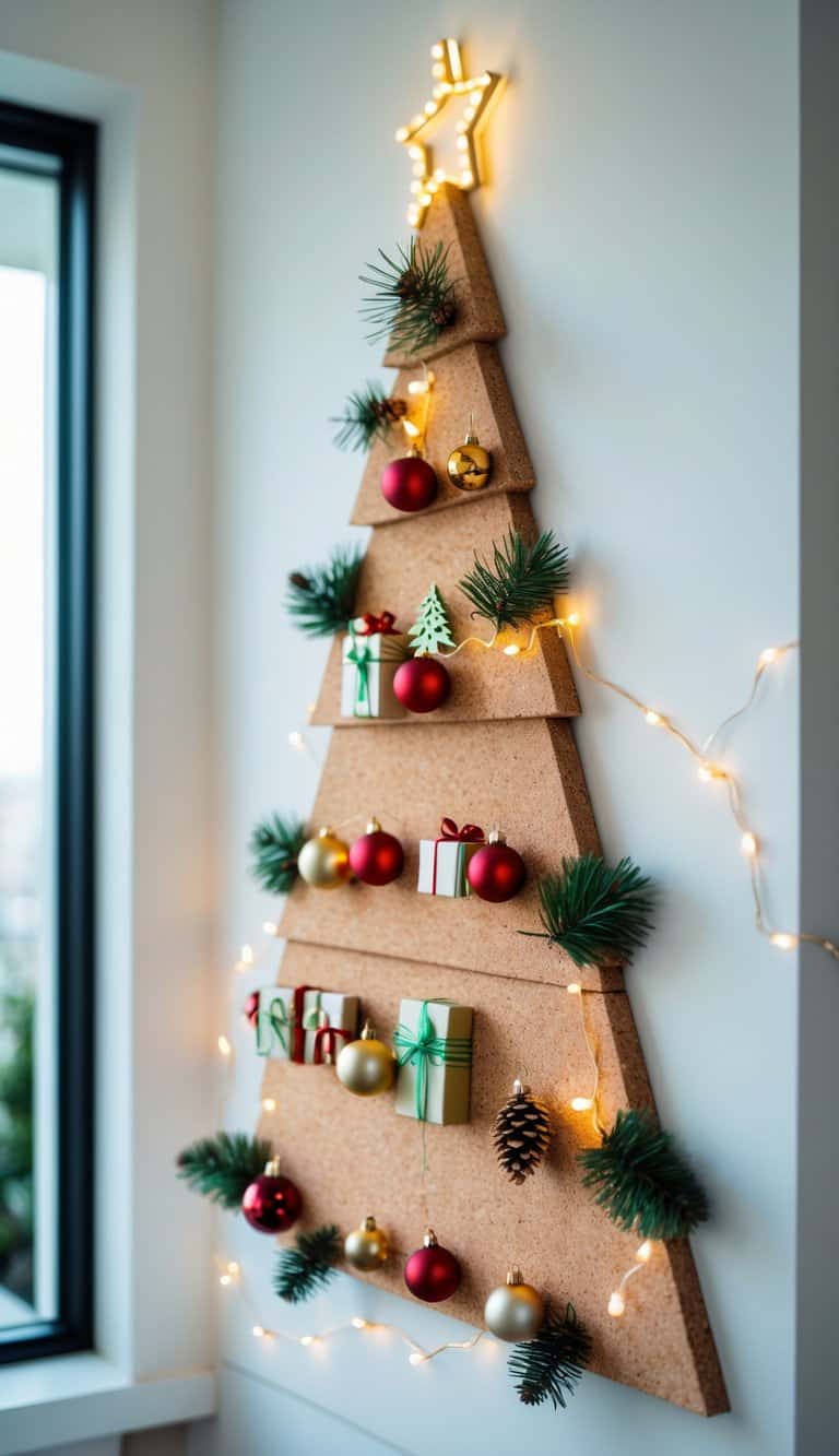 A wall decorated with cork boards arranged in the shape of a Christmas tree, adorned with ornaments and fairy lights.