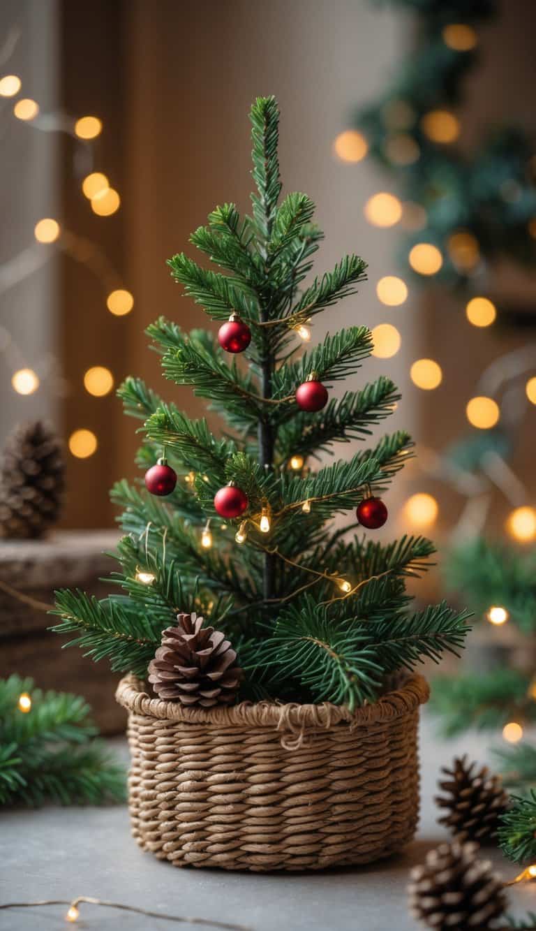 A small decorated Christmas tree in a woven basket on a softly lit surface.