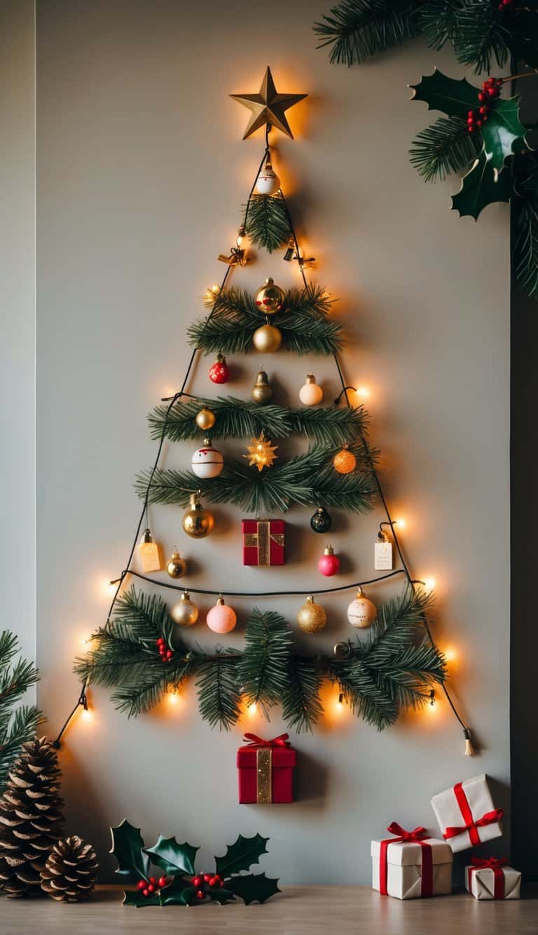 A Christmas tree made from vintage ornaments and decorations arranged on a wall, with pine branches, lights, and small gifts forming a tree shape.