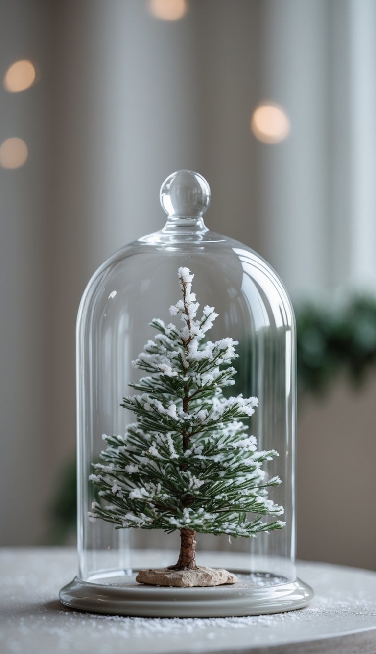 A small snow-covered miniature pine tree inside a clear glass cloche on a neutral surface.