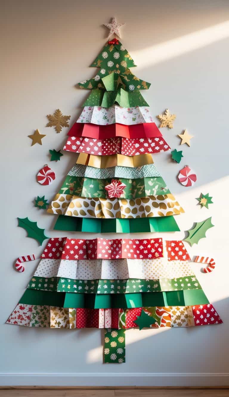 A Christmas tree made from colorful scrapbook paper pieces arranged on a wall, decorated with paper ornaments and a star on top.