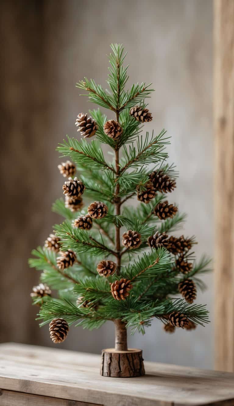 A small Christmas tree decorated with many tiny pinecones on its branches.