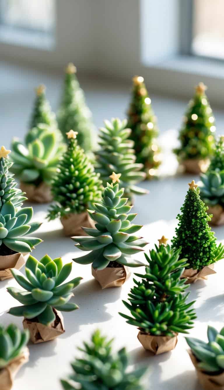 A group of small succulents shaped like Christmas trees arranged on a white surface.