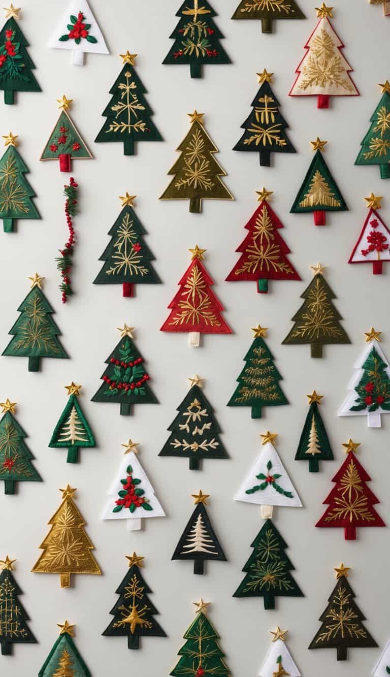 A collection of 50 small embroidered Christmas tree patches arranged neatly on a plain background.