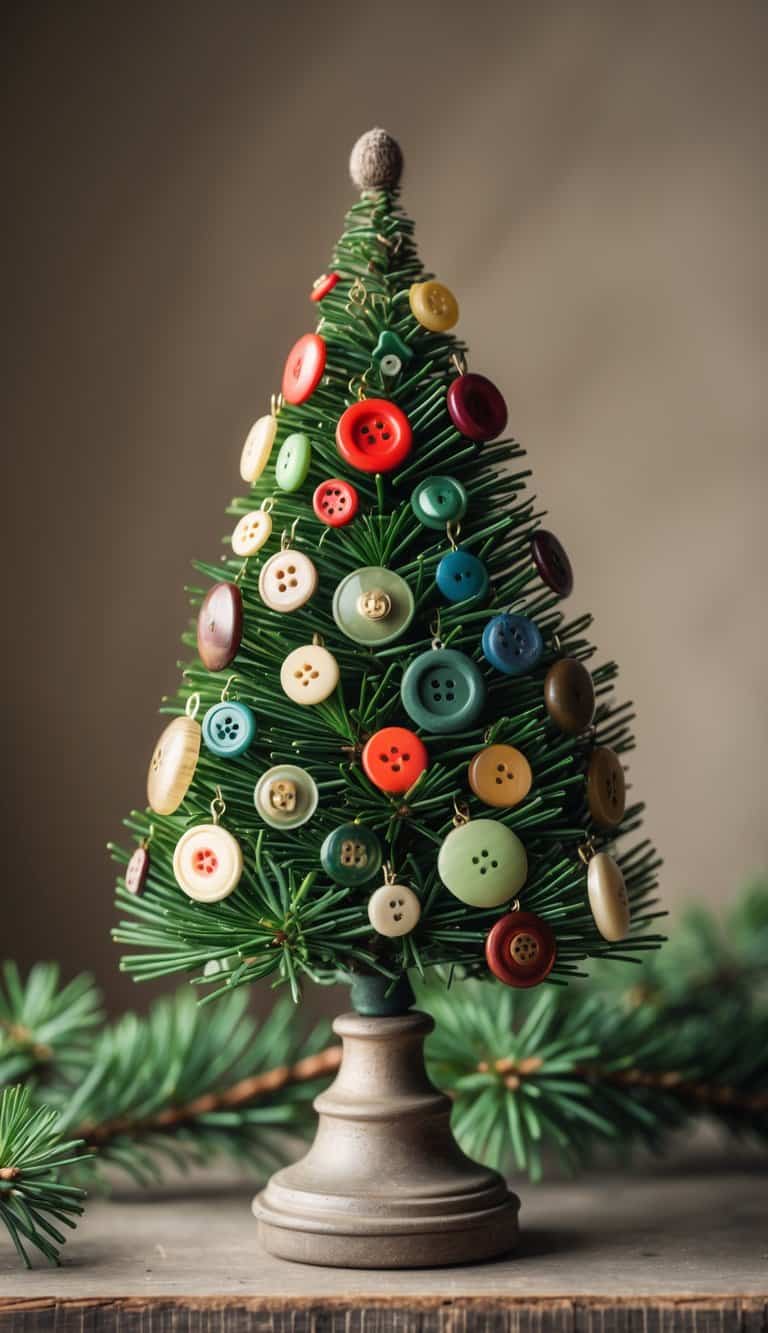 A small Christmas tree decorated with colorful vintage buttons on a wooden surface.