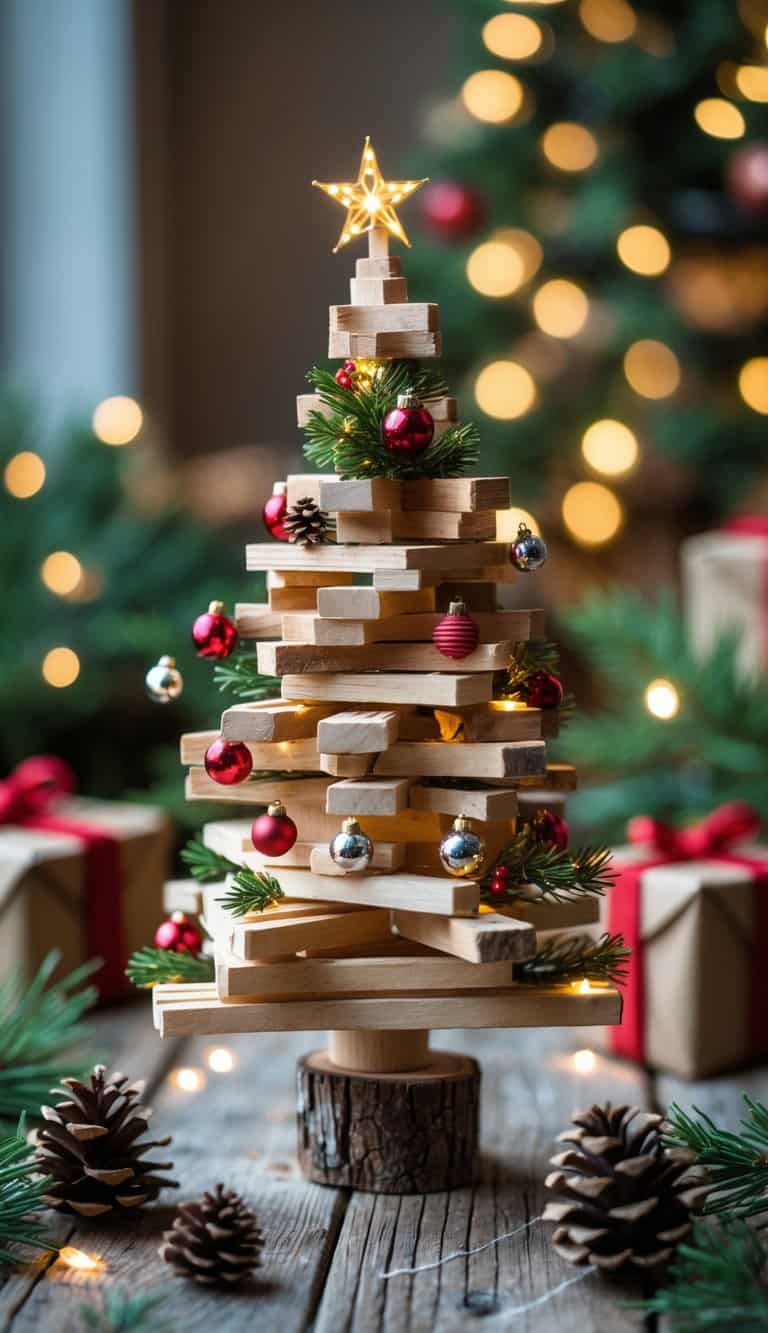 A small wooden pallet Christmas tree decorated with miniature ornaments and surrounded by holiday decorations on a wooden surface.