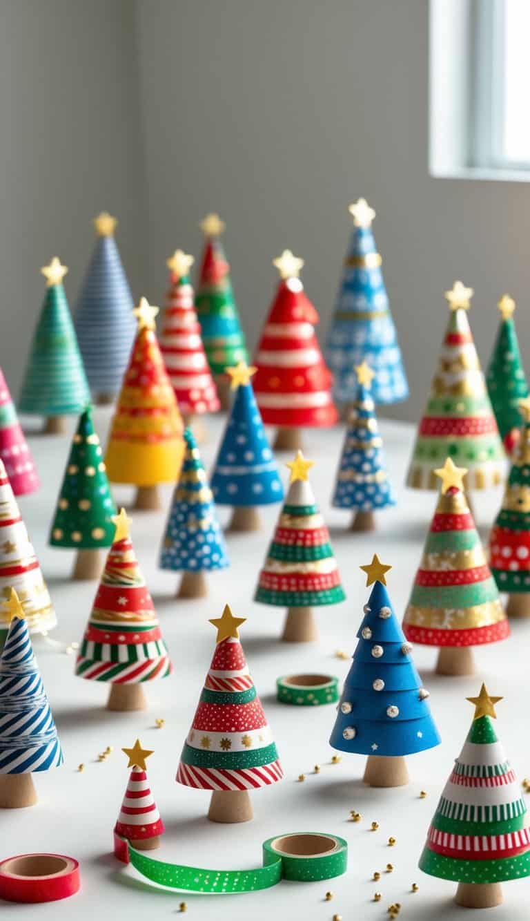A group of small Christmas trees made from colorful washi tape arranged on a plain surface.