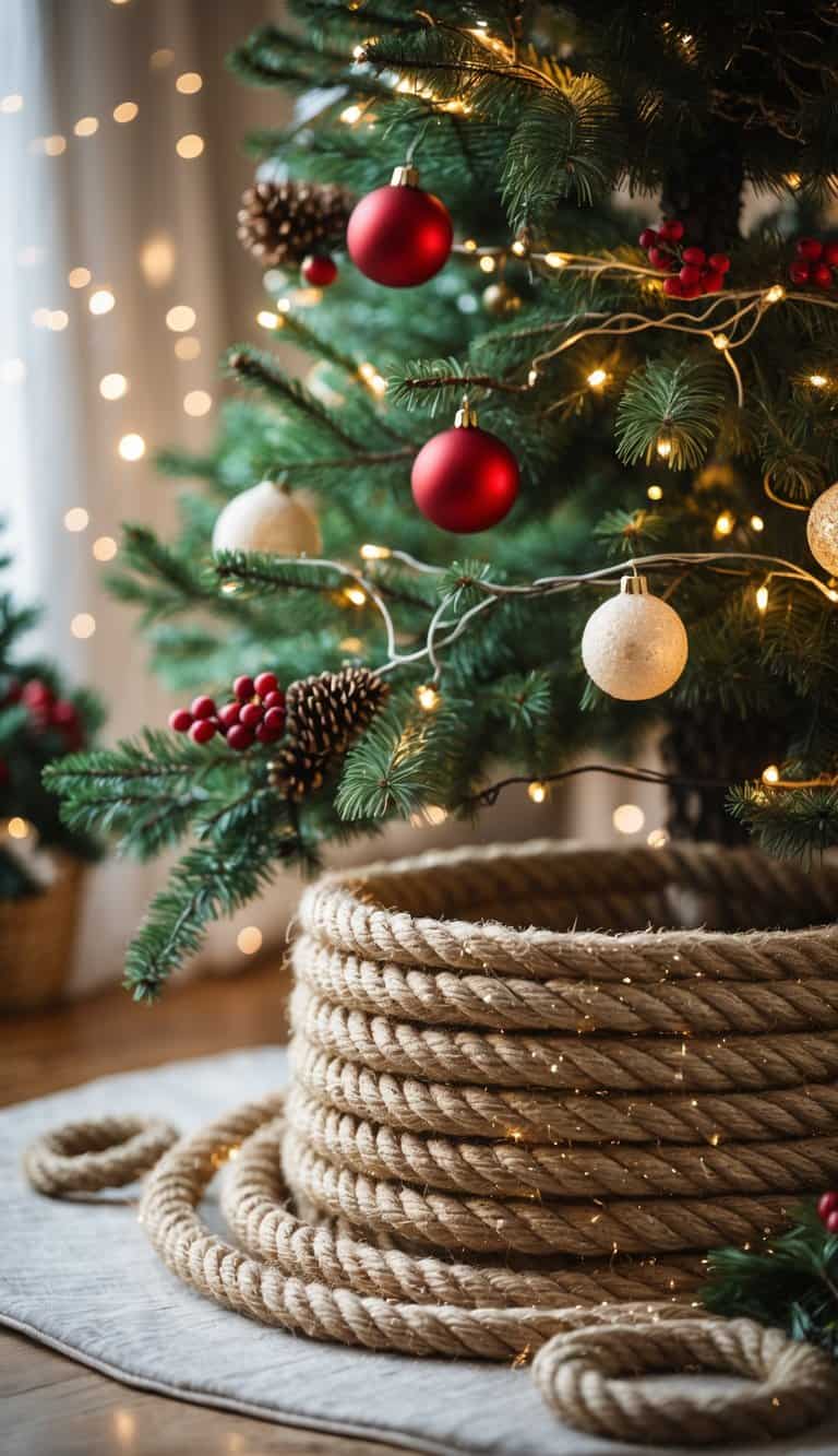 A decorated Christmas tree with a thick rope collar wrapped around its base indoors.