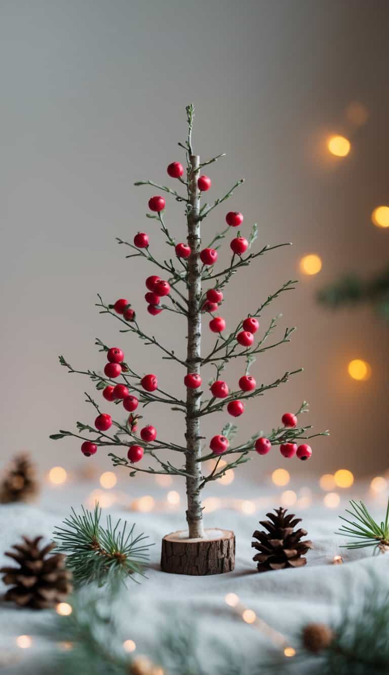 A small Christmas tree made of twigs and red berries on a neutral background with soft lighting.