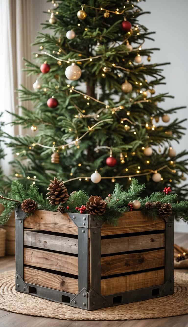 A decorated Christmas tree with a rustic wooden crate styled collar around its base in a cozy indoor setting.