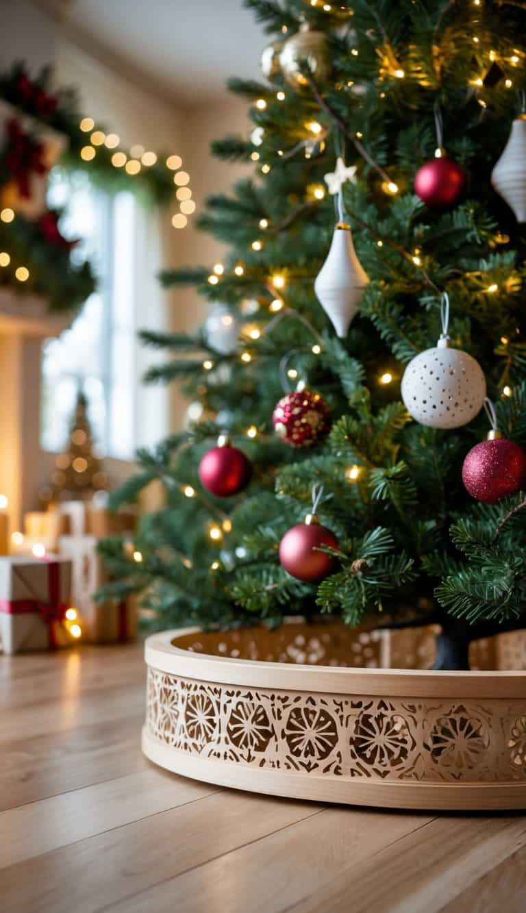 A wooden Christmas tree collar with stencil designs around the base of a decorated Christmas tree in a cozy living room.