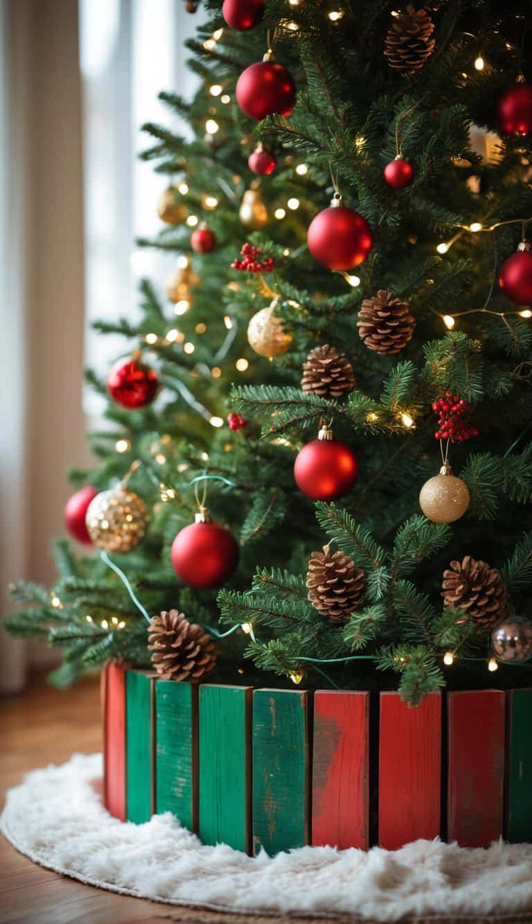 Christmas tree with a red and green painted wooden collar at its base, decorated with ornaments and lights.
