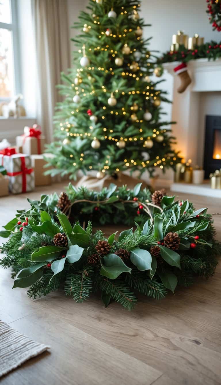 A Christmas tree with a green wreath tree collar at its base, decorated with lights and ornaments in a cozy indoor setting.