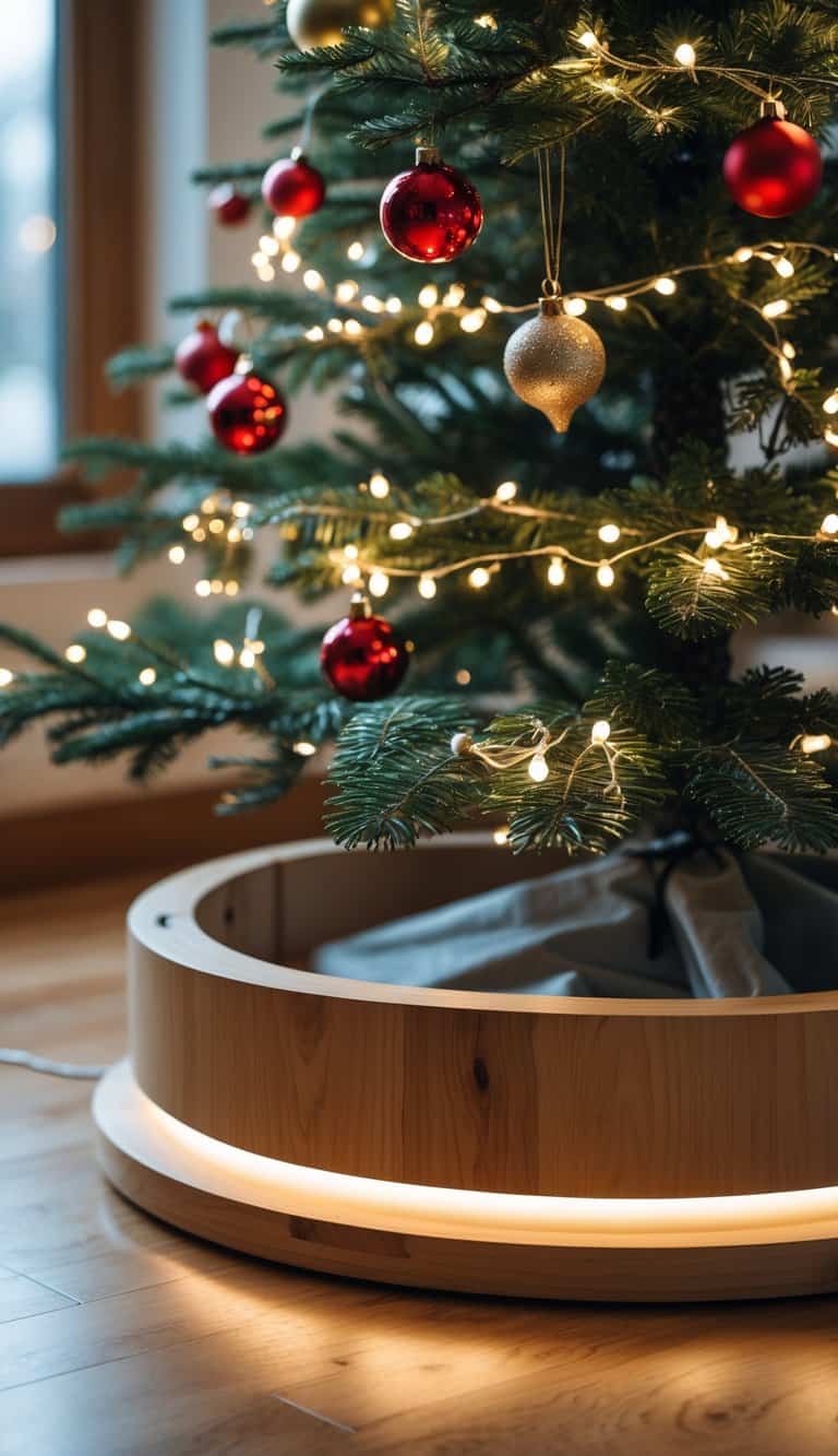 A decorated Christmas tree with a wooden tree collar featuring built-in LED lights glowing softly at its base.