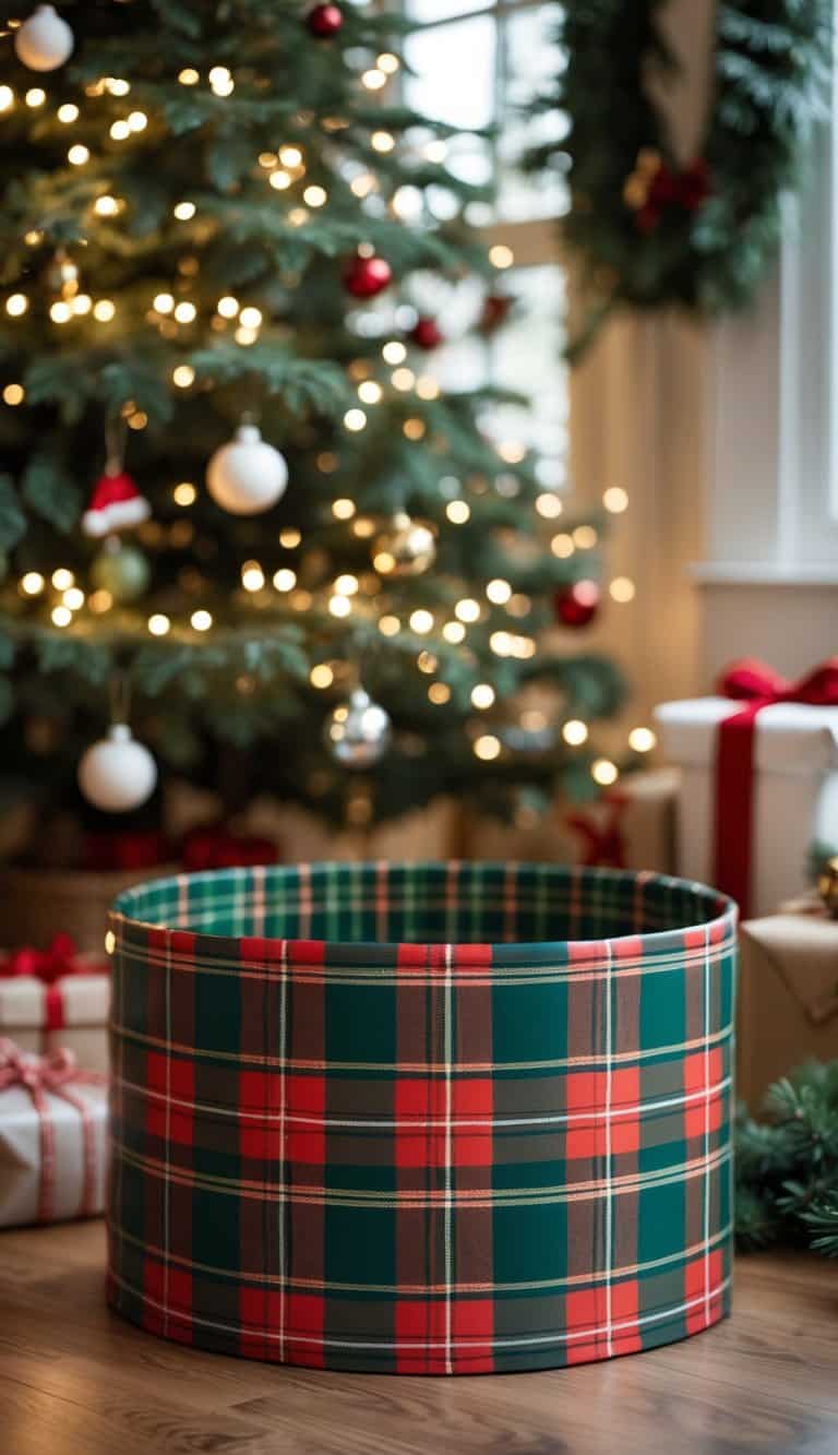 A decorated Christmas tree with a red and green plaid vinyl tree collar around its base in a cozy room with holiday decorations.