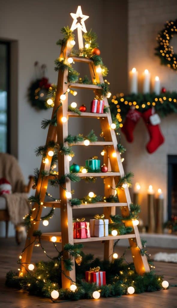 A wooden ladder decorated as a Christmas tree with garlands, string lights, wrapped gifts, and a star on top, set in a festive living room.