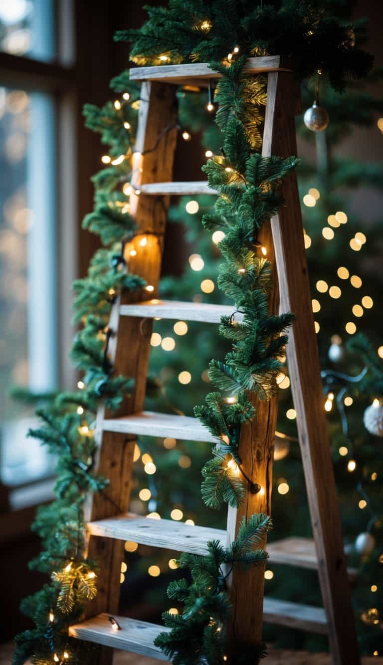 A rustic wooden ladder wrapped with pine garlands and fairy lights, styled as a Christmas tree.