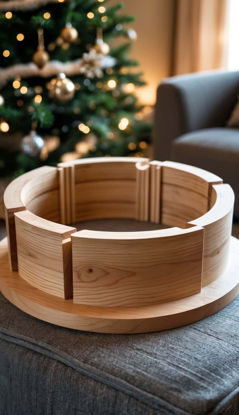 A wooden Christmas tree collar with mitered edges placed around the base of a decorated Christmas tree in a cozy living room.
