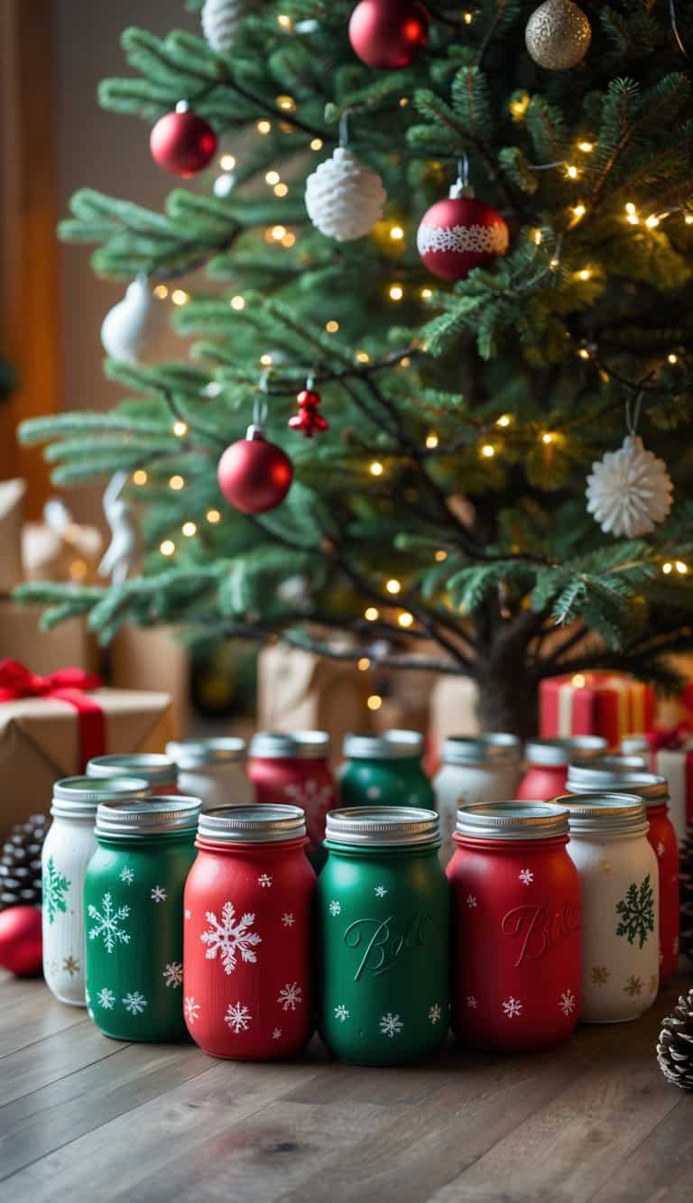 A Christmas tree with a collar made from painted canning jars arranged around its base, surrounded by holiday decorations and warm lighting.