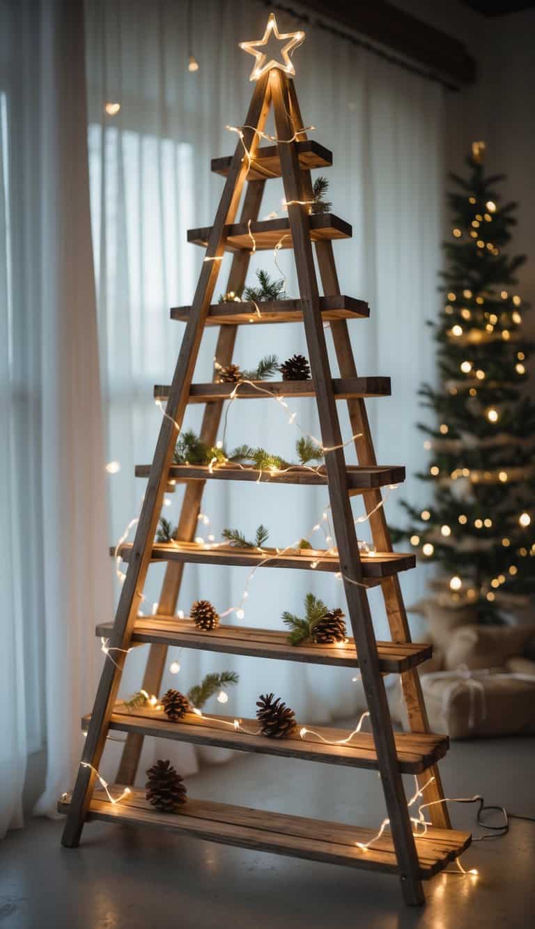 A wooden ladder arranged like a Christmas tree decorated with fairy lights and rustic ornaments indoors.