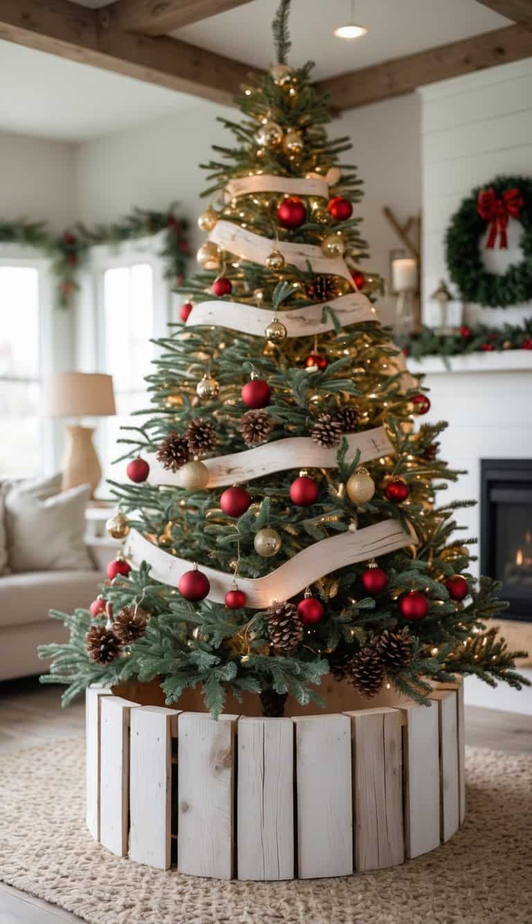 Christmas tree with a whitewashed wooden collar at its base in a warmly decorated living room.