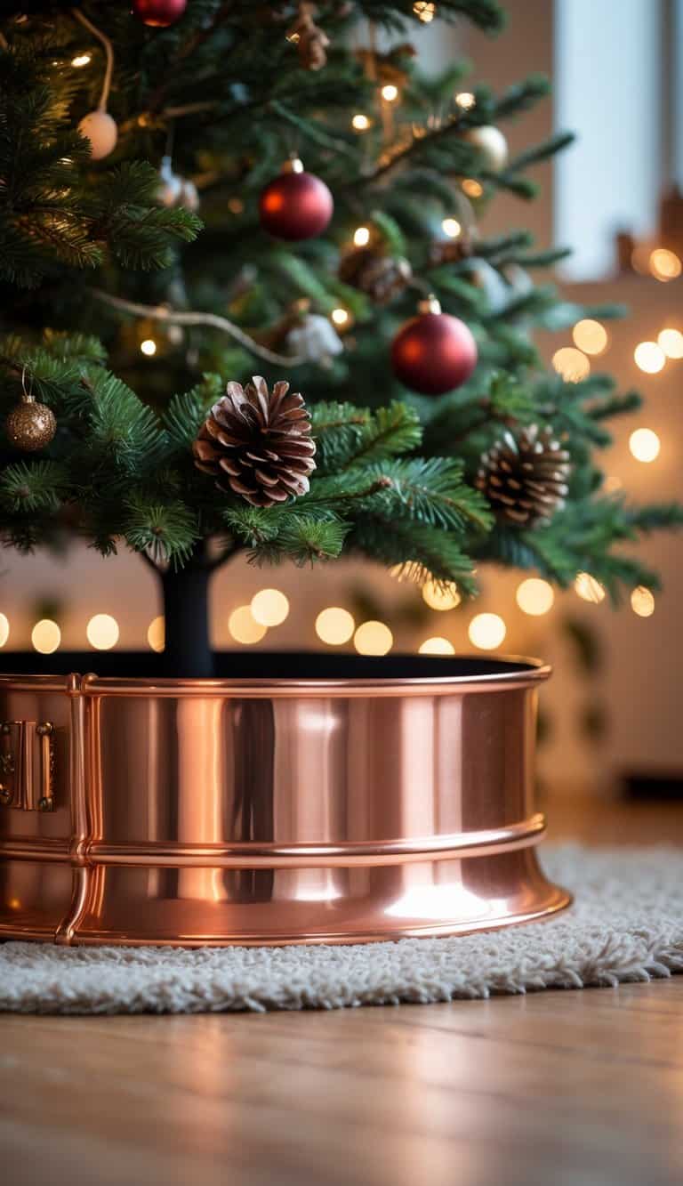 Copper metal tree collar around the base of a decorated Christmas tree indoors.