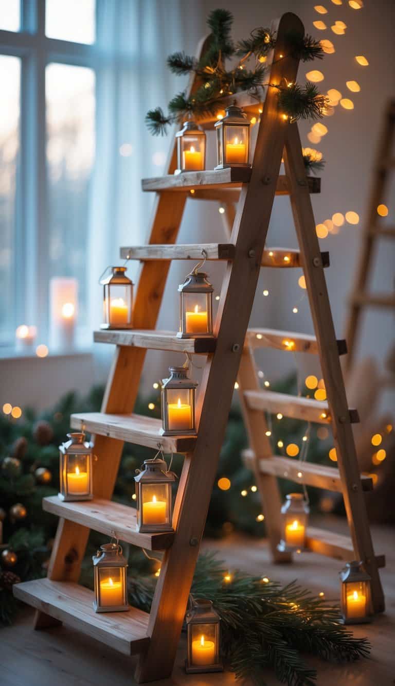 A wooden ladder decorated with candle lanterns arranged as a Christmas tree indoors.