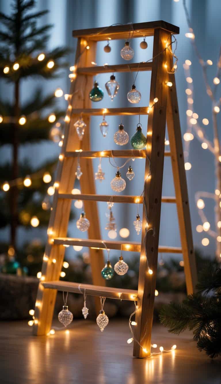 A wooden ladder wrapped in LED lights with hanging glass Christmas ornaments.