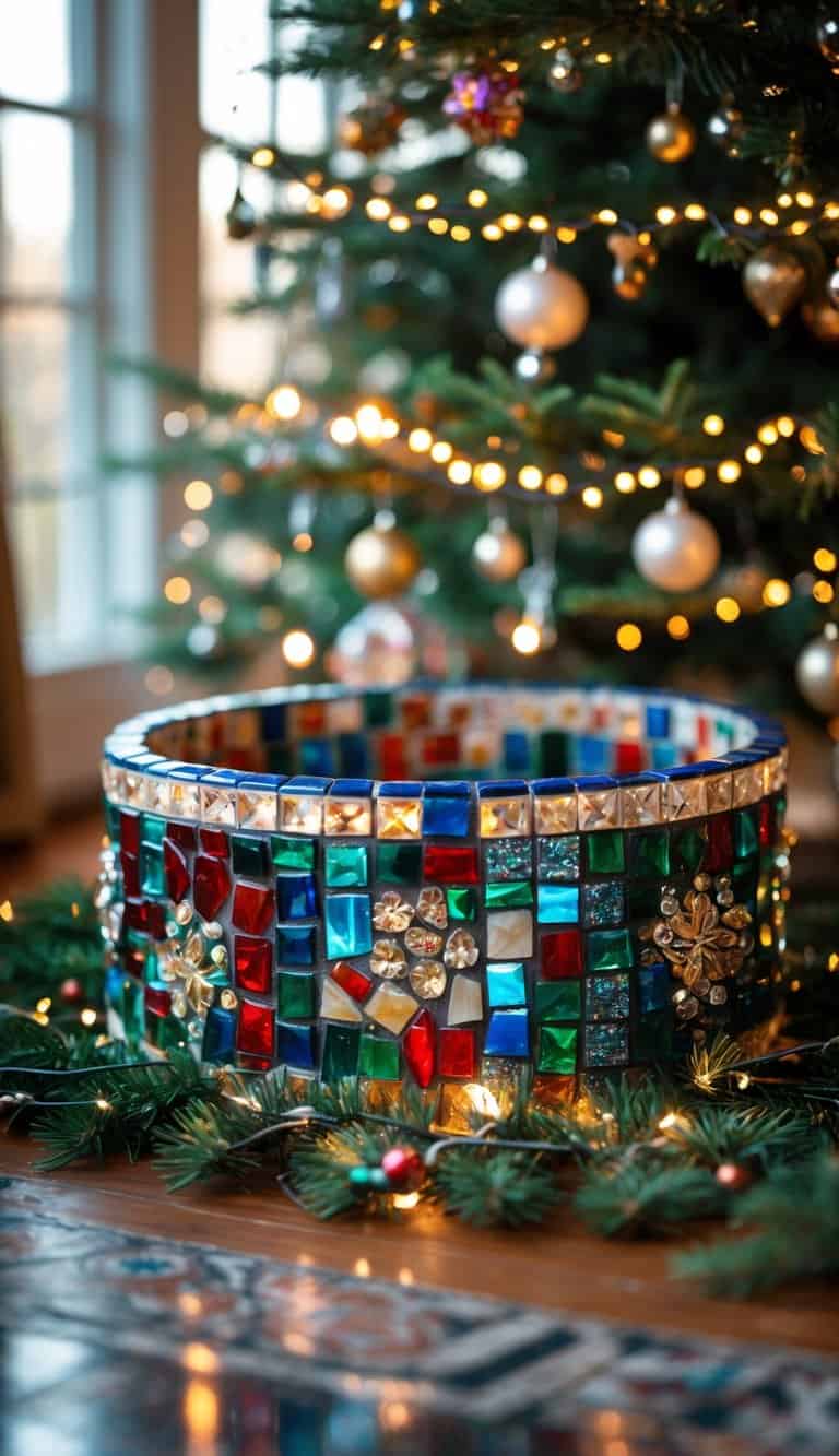 A decorated Christmas tree with a colorful mosaic tile collar around its base in a cozy indoor setting.