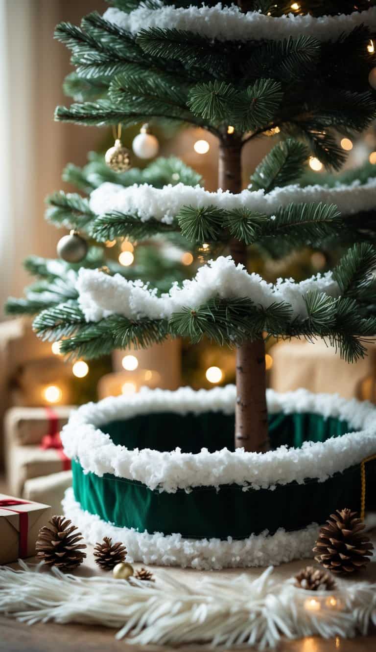 Christmas tree with a snow-accented collar around its base and holiday decorations nearby.