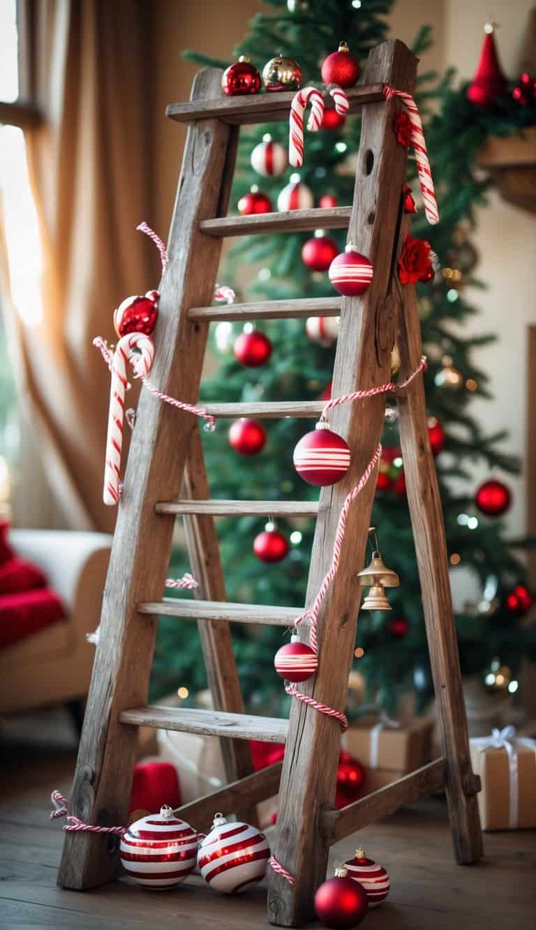 A vintage wooden ladder decorated with red and white striped Christmas ornaments in a festive setting.
