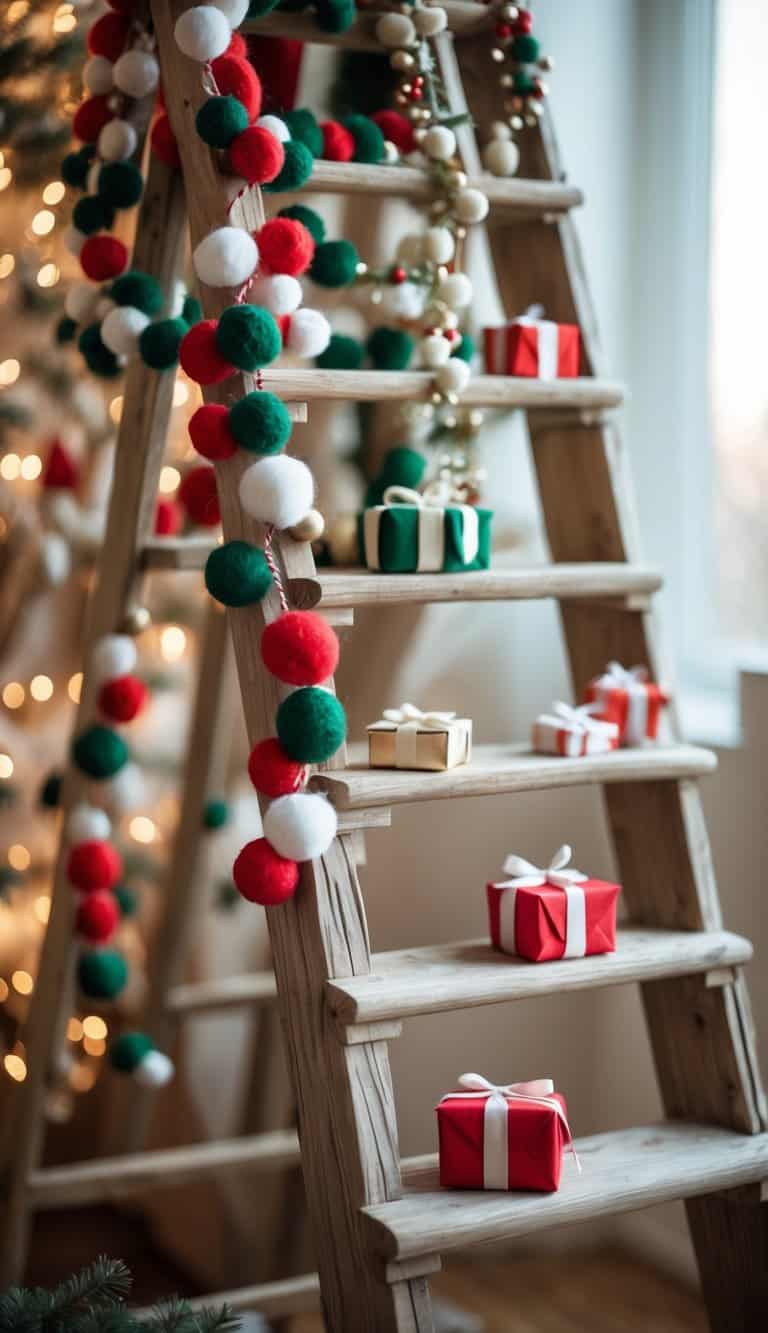 A wooden ladder decorated with felt garlands and small wrapped gift boxes arranged like a Christmas tree.