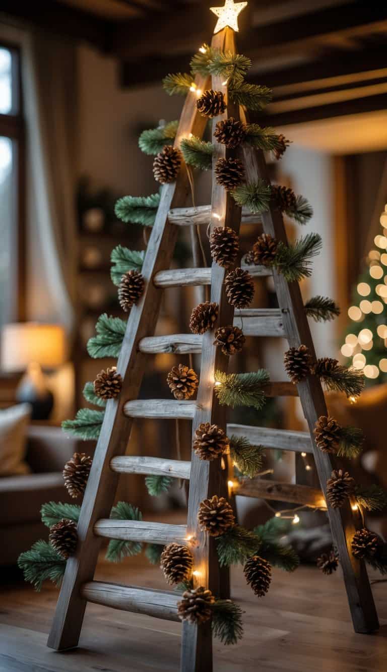 A ladder decorated with pinecones and cinnamon sticks arranged like a Christmas tree indoors.
