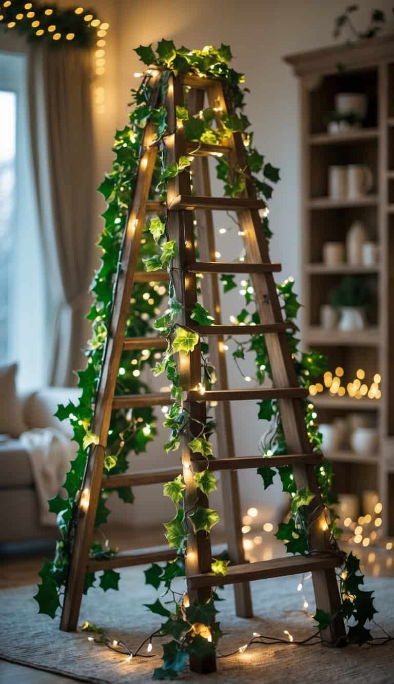 A tall wooden ladder decorated with faux ivy and twinkling lights arranged like a Christmas tree indoors.
