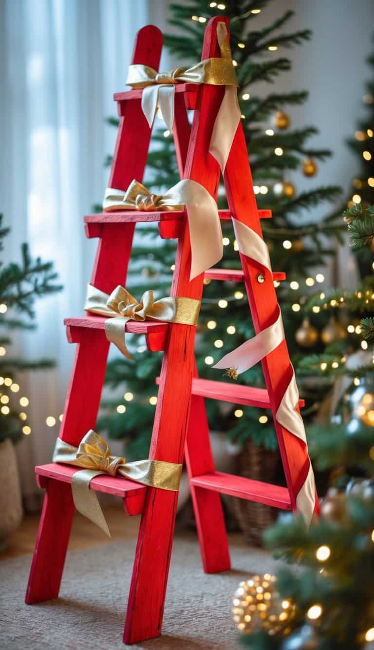 A red reclaimed wood ladder decorated with gold and white ribbons, styled as a Christmas tree indoors with holiday decorations in the background.