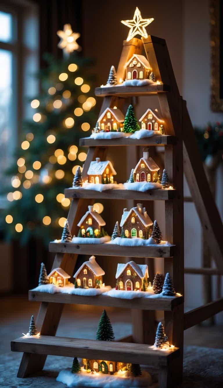 A wooden ladder with tiered shelves displaying miniature Christmas village houses decorated for the holidays.