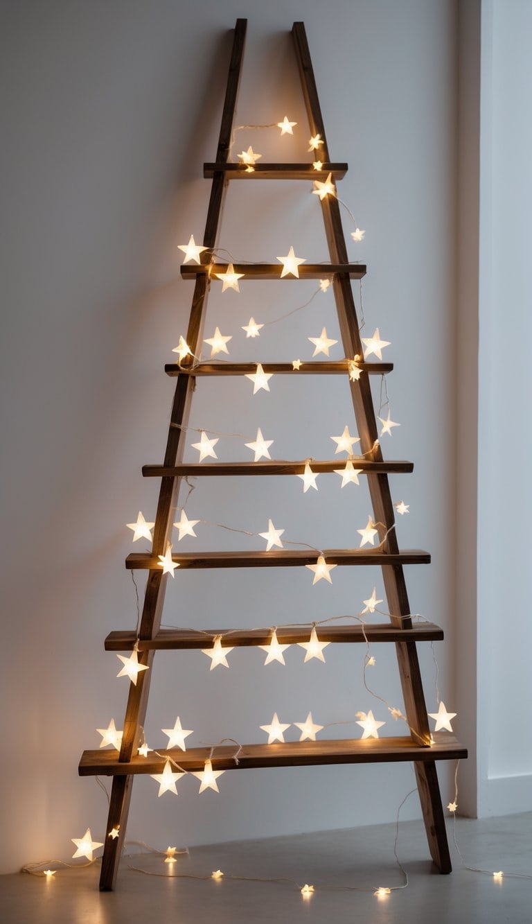 A wooden ladder decorated with star-shaped fairy lights arranged to resemble a Christmas tree.