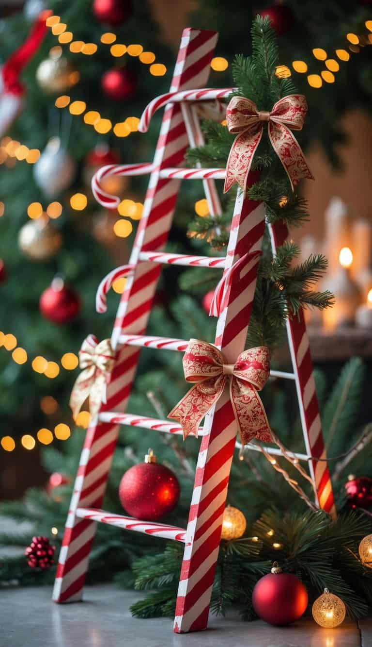 A ladder painted with red and white candy cane stripes decorated with red and gold ribbons, surrounded by Christmas decorations and lights.