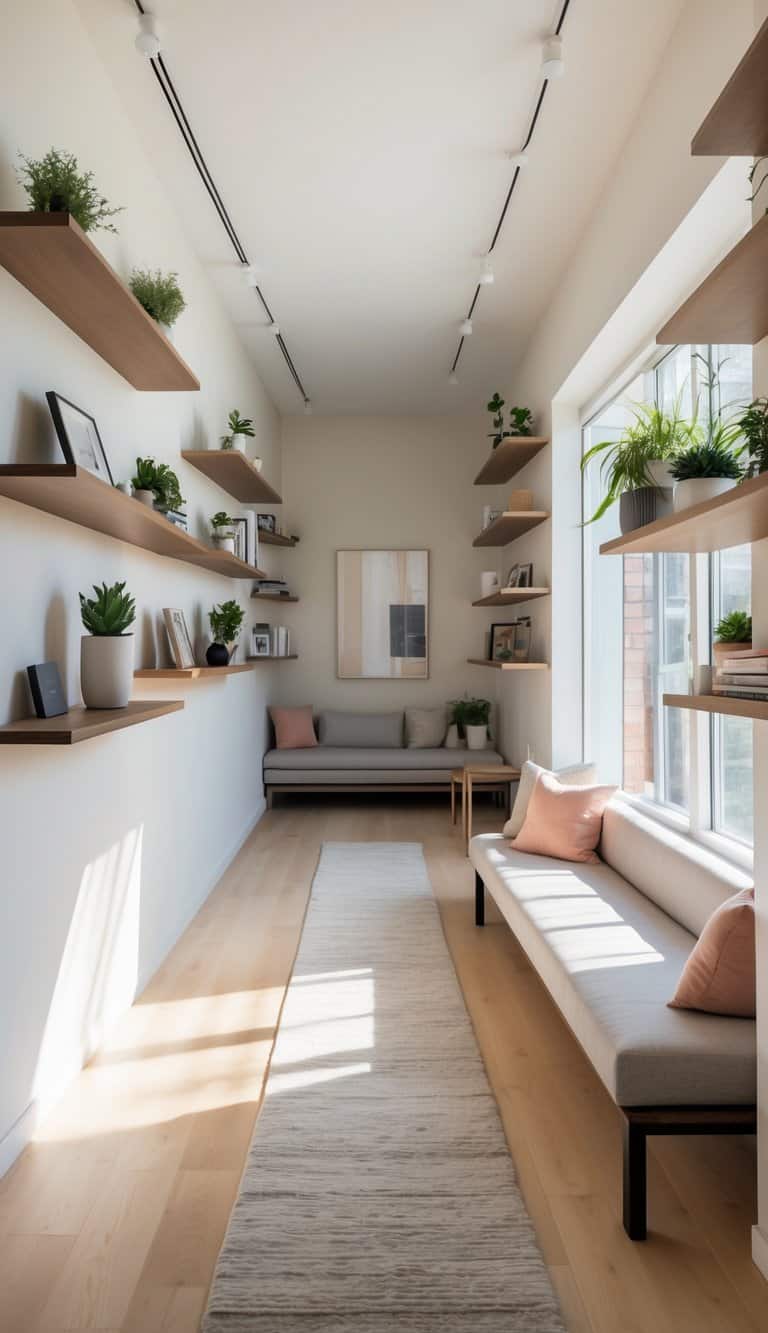 Long narrow living room with floating shelves on the walls, a slim sofa, coffee table, and natural light coming through windows.