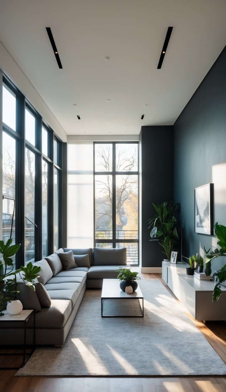 A long narrow living room with one wall painted a darker color, furnished with a sofa, coffee table, and plants, with natural light coming through large windows.