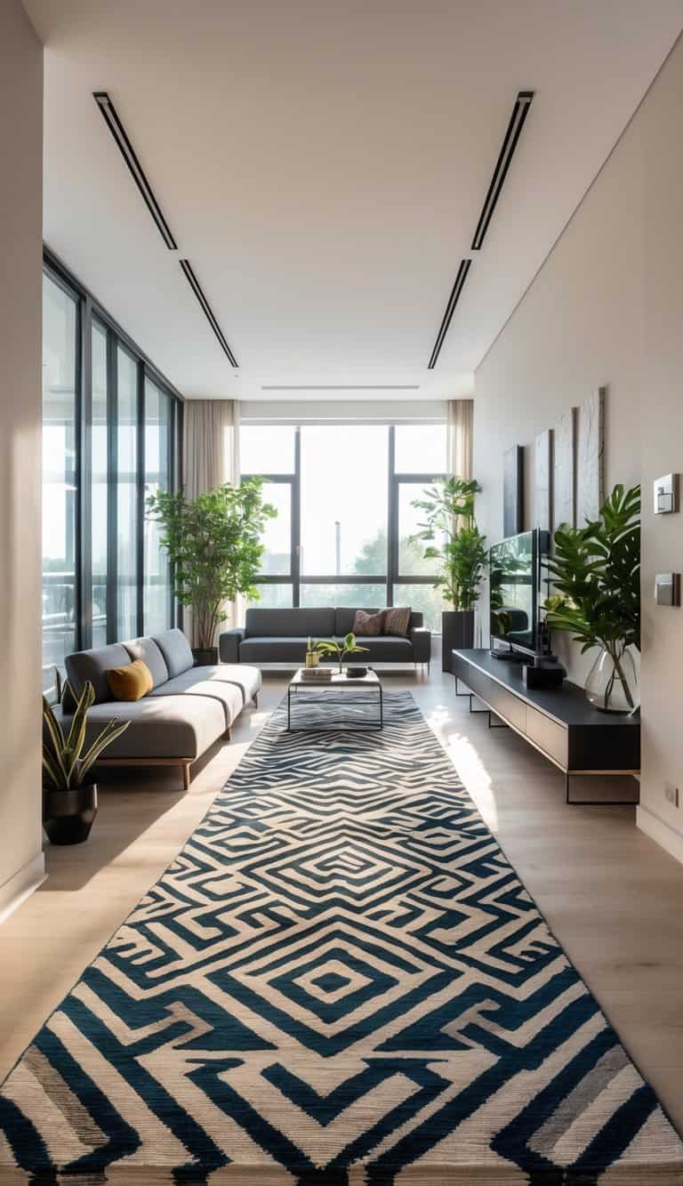Long narrow living room with a geometric patterned rug, sofa, coffee table, and natural light from large windows.
