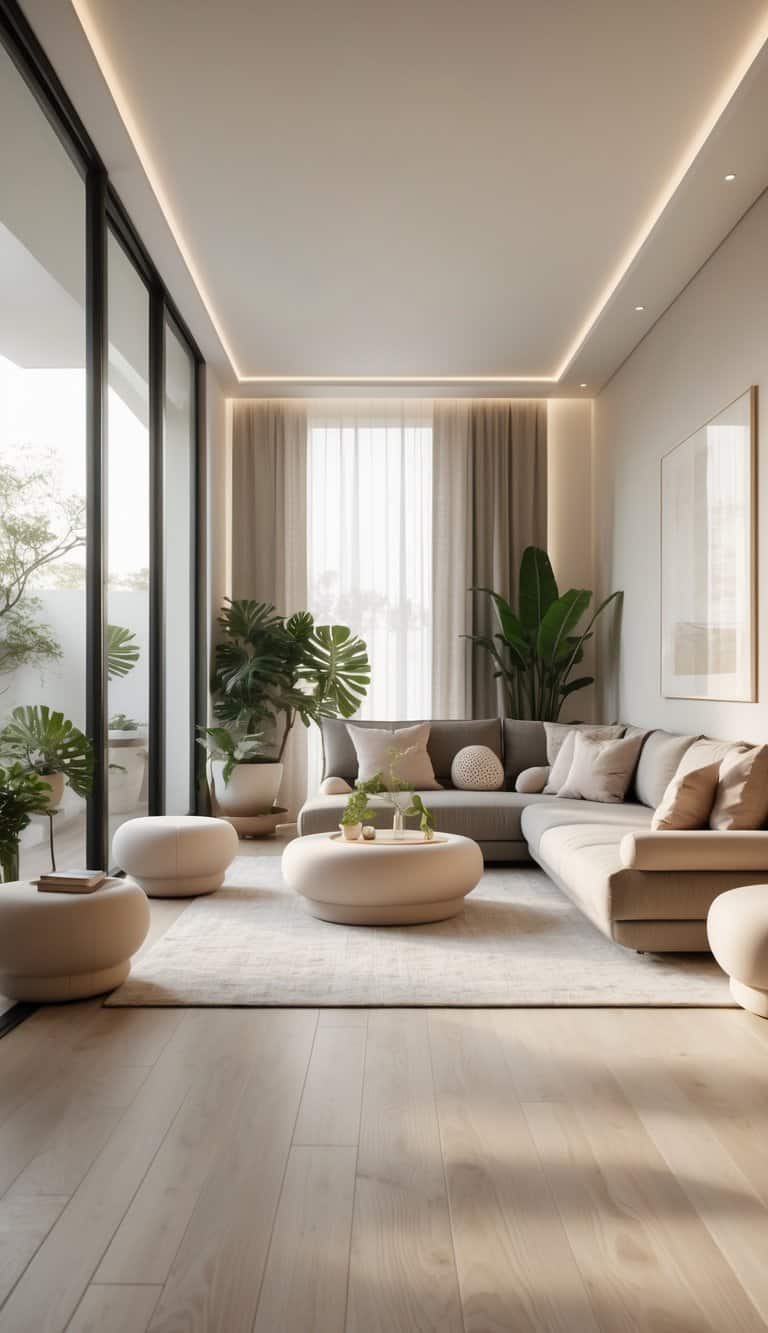 A long narrow living room with rounded-edge furniture, natural light, and minimal decorations.