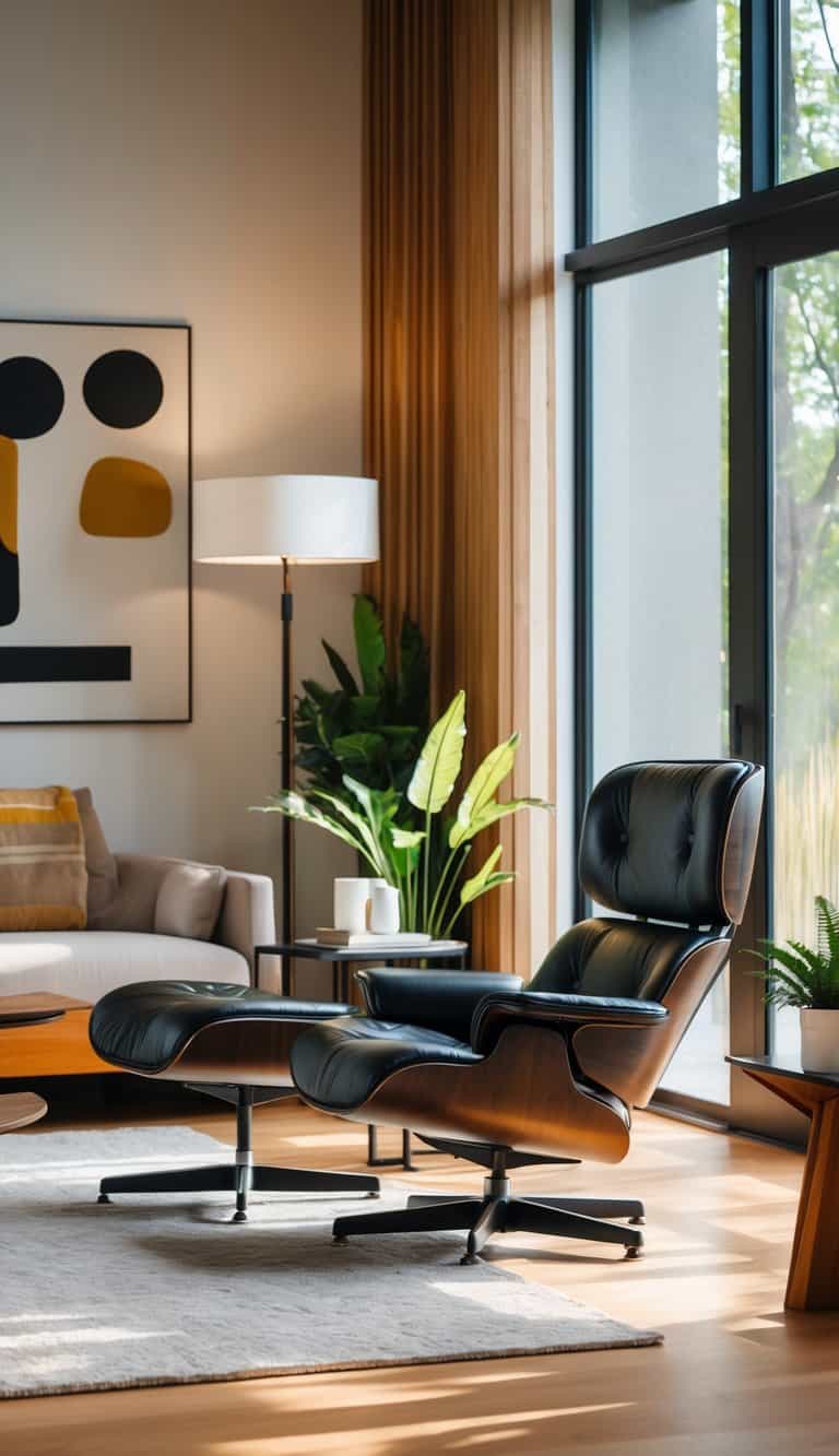 A living room with a black leather lounge chair and ottoman near a window, wooden floor, plants, and modern decor.