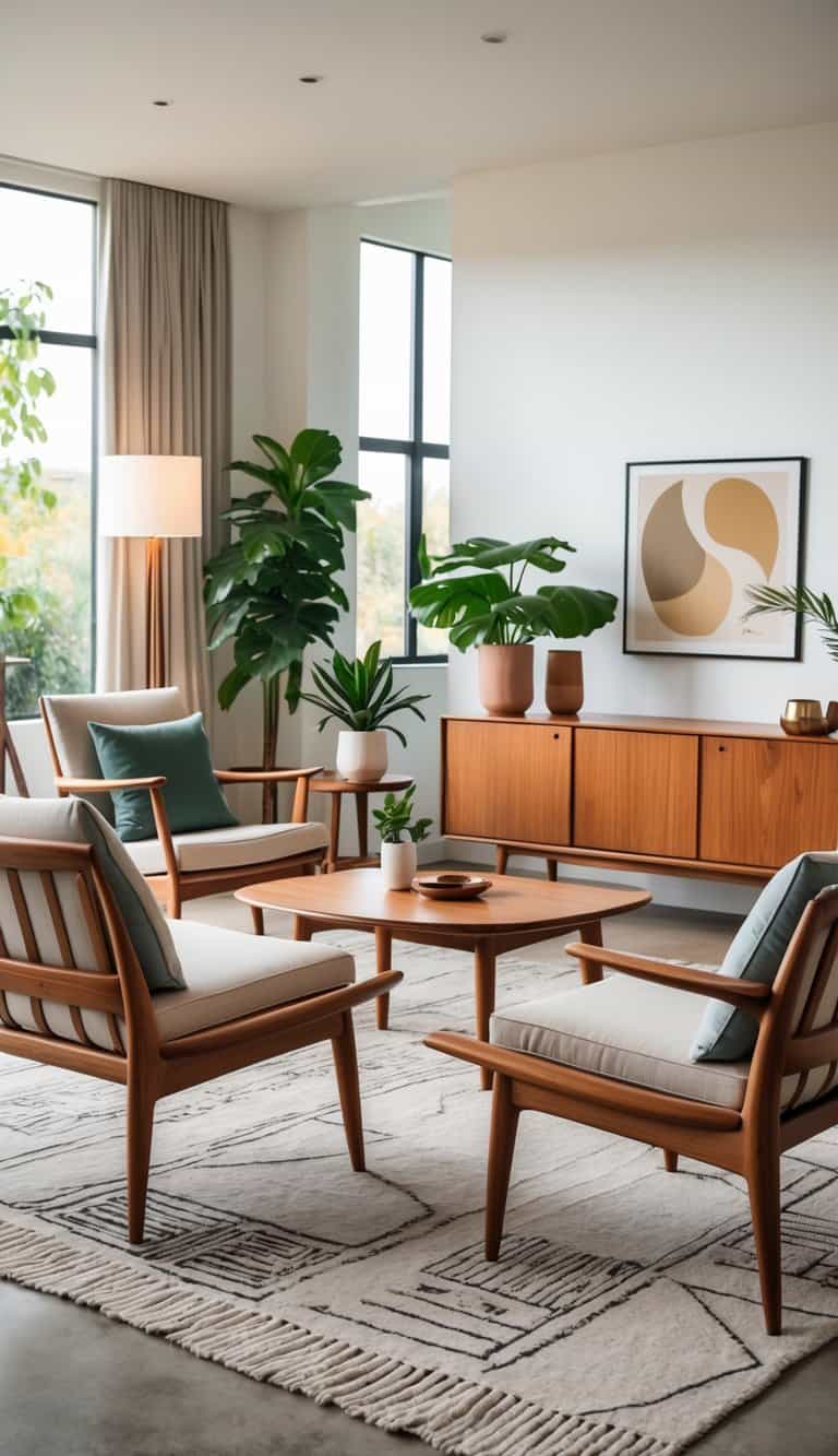 A well-lit living room with teak wood furniture, including a coffee table and chairs, decorated with plants and a rug.